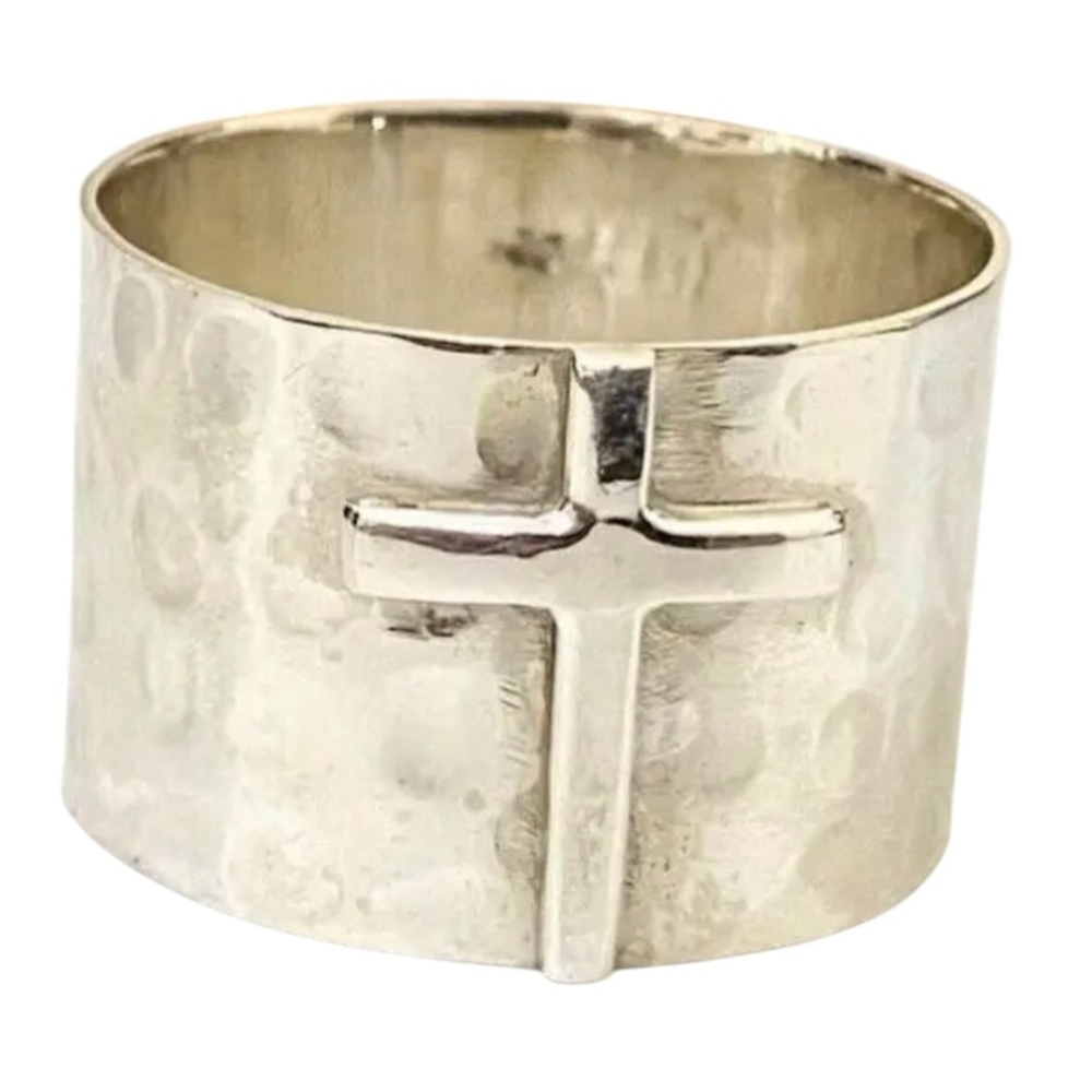 Hammered Silver Cross Wide Band Ring Women Size 7 9 - Picture 3 of 5